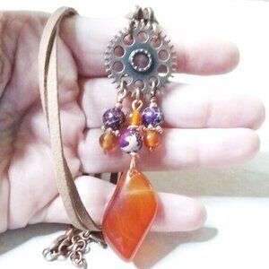 Snazzy! Orange Agate Purple Sea Sediment Jasper Copper Steampunk Suede Necklace